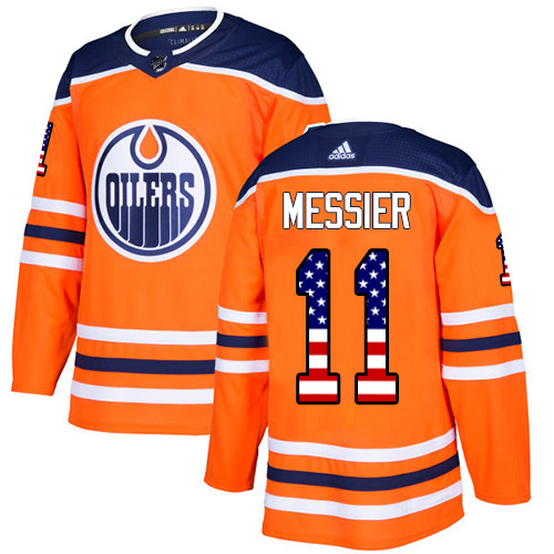 Adidas Oilers #11 Mark Messier Orange Home Authentic USA Flag Stitched NHL Jersey - Click Image to Close